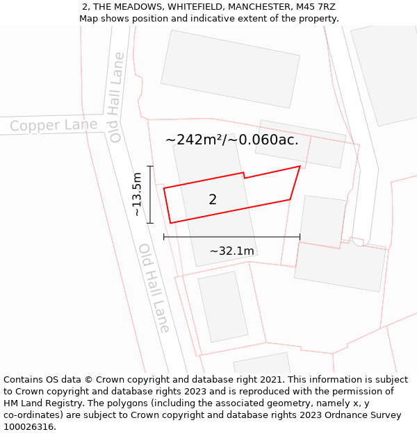 2, THE MEADOWS, WHITEFIELD, MANCHESTER, M45 7RZ: Plot and title map
