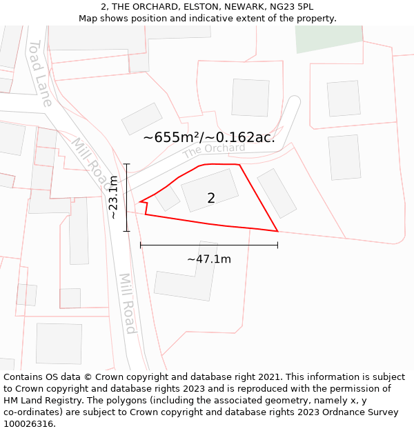 2, THE ORCHARD, ELSTON, NEWARK, NG23 5PL: Plot and title map