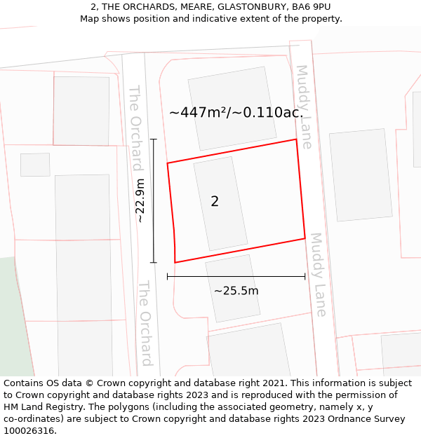 2, THE ORCHARDS, MEARE, GLASTONBURY, BA6 9PU: Plot and title map