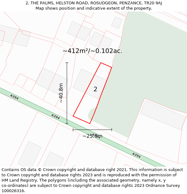 2, THE PALMS, HELSTON ROAD, ROSUDGEON, PENZANCE, TR20 9AJ: Plot and title map