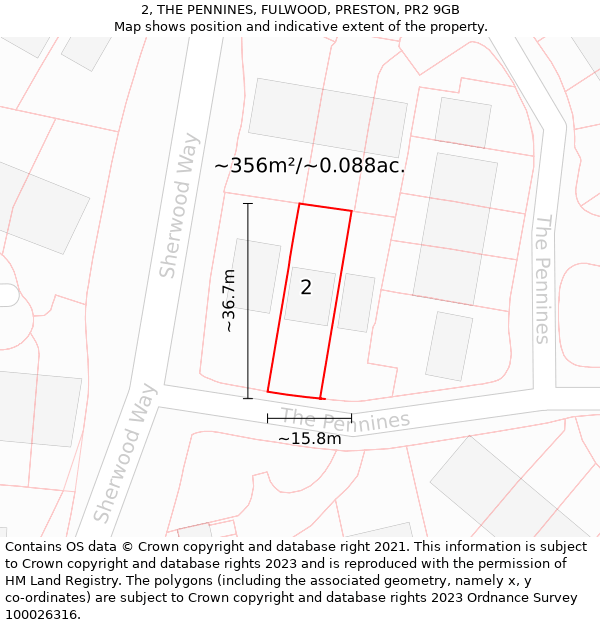 2, THE PENNINES, FULWOOD, PRESTON, PR2 9GB: Plot and title map