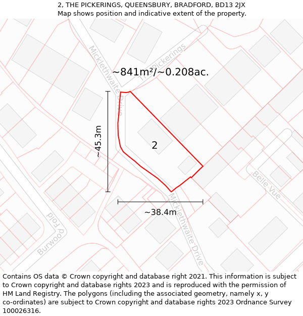 2, THE PICKERINGS, QUEENSBURY, BRADFORD, BD13 2JX: Plot and title map