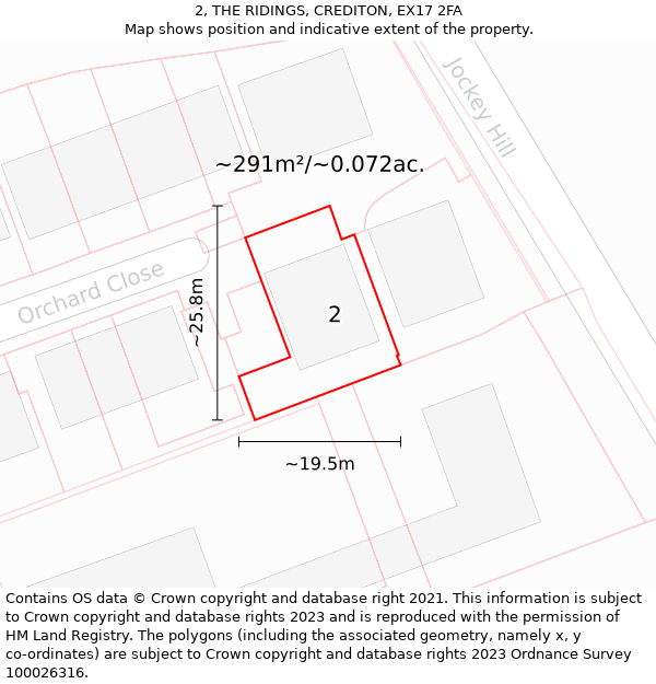 2, THE RIDINGS, CREDITON, EX17 2FA: Plot and title map