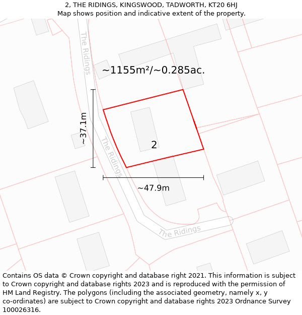 2, THE RIDINGS, KINGSWOOD, TADWORTH, KT20 6HJ: Plot and title map