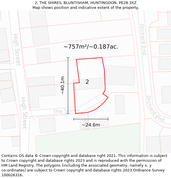 2, THE SHIRES, BLUNTISHAM, HUNTINGDON, PE28 3XZ: Plot and title map