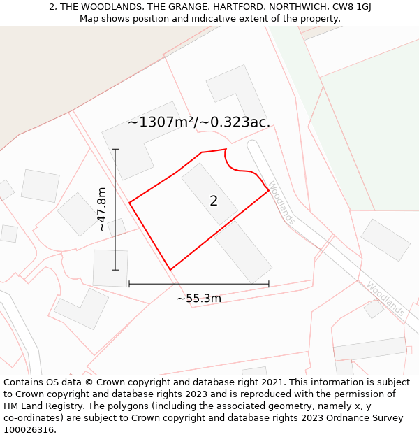 2, THE WOODLANDS, THE GRANGE, HARTFORD, NORTHWICH, CW8 1GJ: Plot and title map