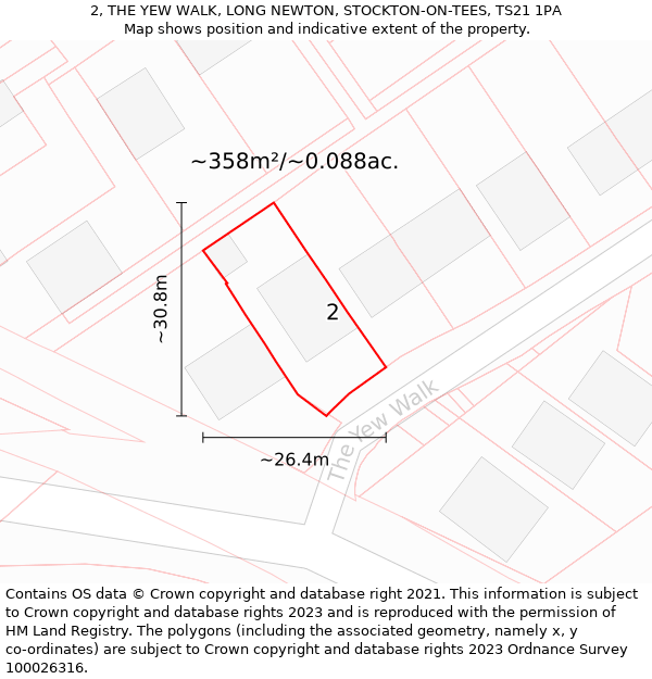 2, THE YEW WALK, LONG NEWTON, STOCKTON-ON-TEES, TS21 1PA: Plot and title map