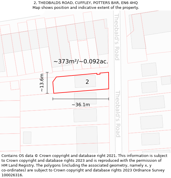 2, THEOBALDS ROAD, CUFFLEY, POTTERS BAR, EN6 4HQ: Plot and title map