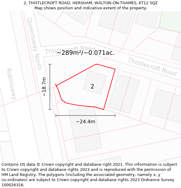 2, THISTLECROFT ROAD, HERSHAM, WALTON-ON-THAMES, KT12 5QZ: Plot and title map