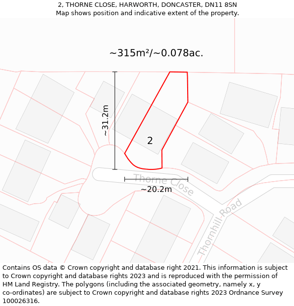 2, THORNE CLOSE, HARWORTH, DONCASTER, DN11 8SN: Plot and title map