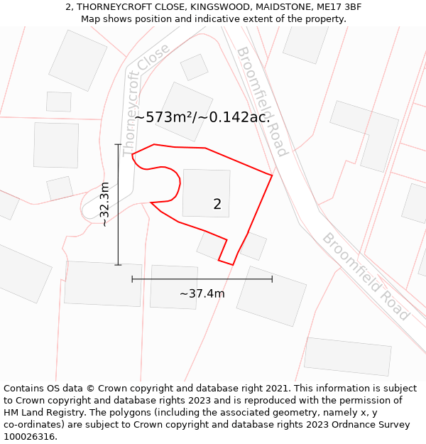 2, THORNEYCROFT CLOSE, KINGSWOOD, MAIDSTONE, ME17 3BF: Plot and title map