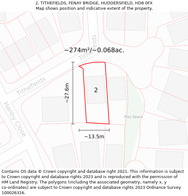 2, TITHEFIELDS, FENAY BRIDGE, HUDDERSFIELD, HD8 0FX: Plot and title map