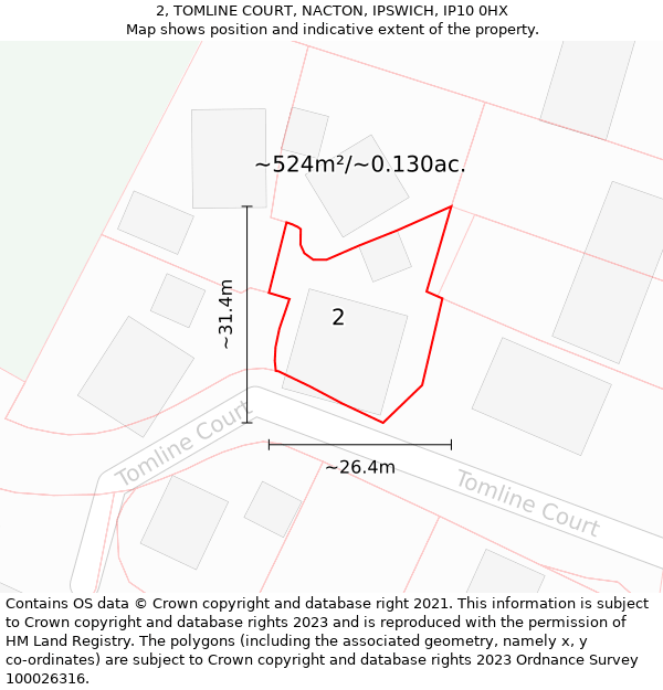 2, TOMLINE COURT, NACTON, IPSWICH, IP10 0HX: Plot and title map