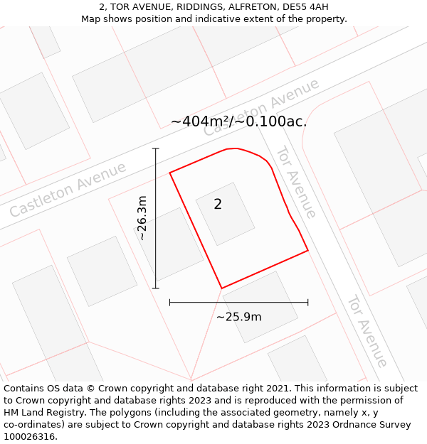 2, TOR AVENUE, RIDDINGS, ALFRETON, DE55 4AH: Plot and title map