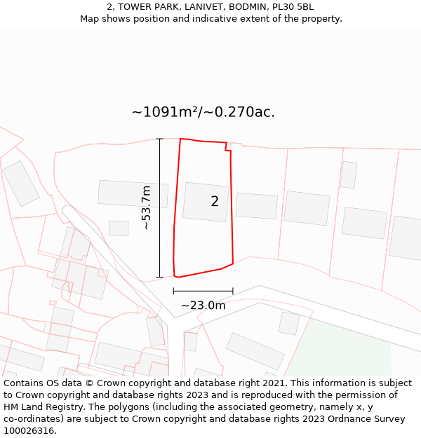 2, TOWER PARK, LANIVET, BODMIN, PL30 5BL: Plot and title map