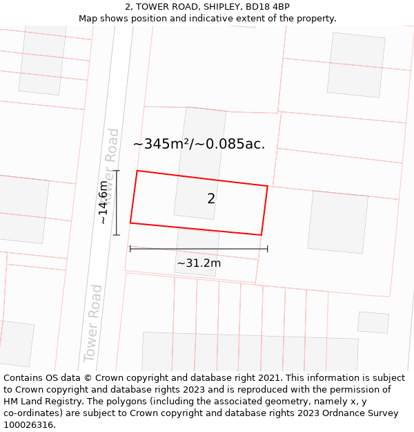 2, TOWER ROAD, SHIPLEY, BD18 4BP: Plot and title map