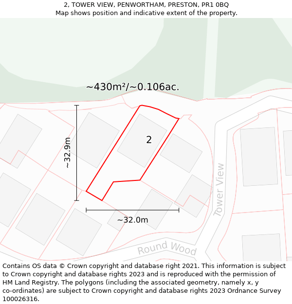 2, TOWER VIEW, PENWORTHAM, PRESTON, PR1 0BQ: Plot and title map