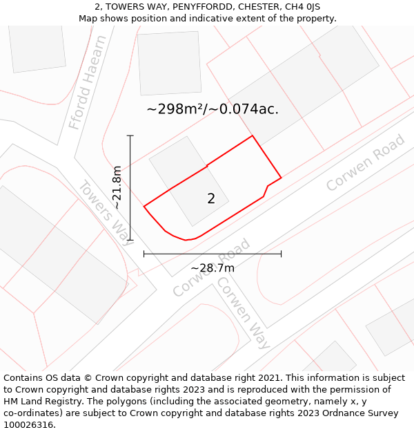 2, TOWERS WAY, PENYFFORDD, CHESTER, CH4 0JS: Plot and title map