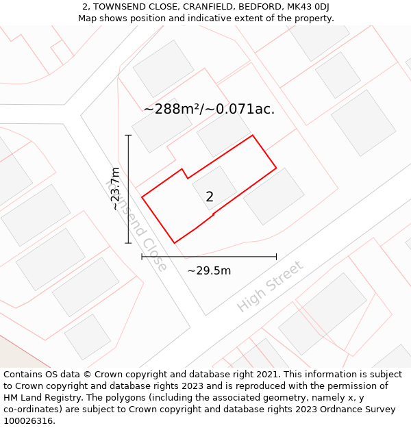 2, TOWNSEND CLOSE, CRANFIELD, BEDFORD, MK43 0DJ: Plot and title map