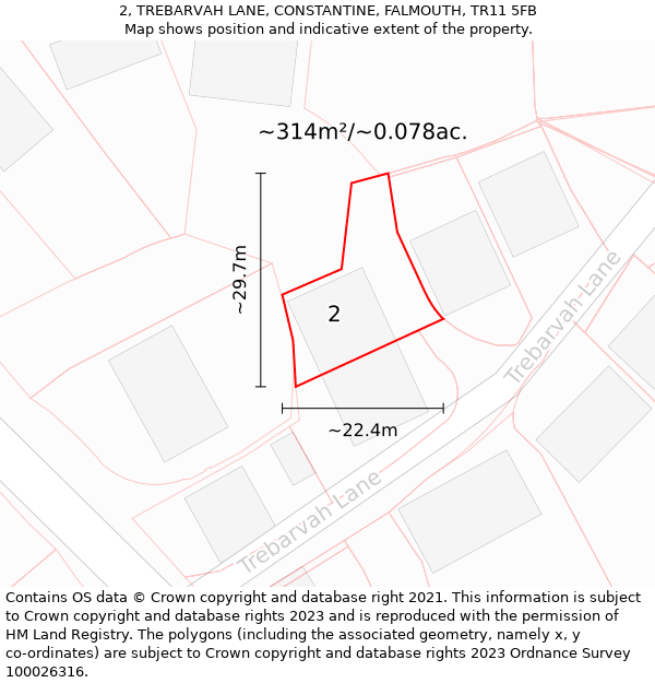 2, TREBARVAH LANE, CONSTANTINE, FALMOUTH, TR11 5FB: Plot and title map