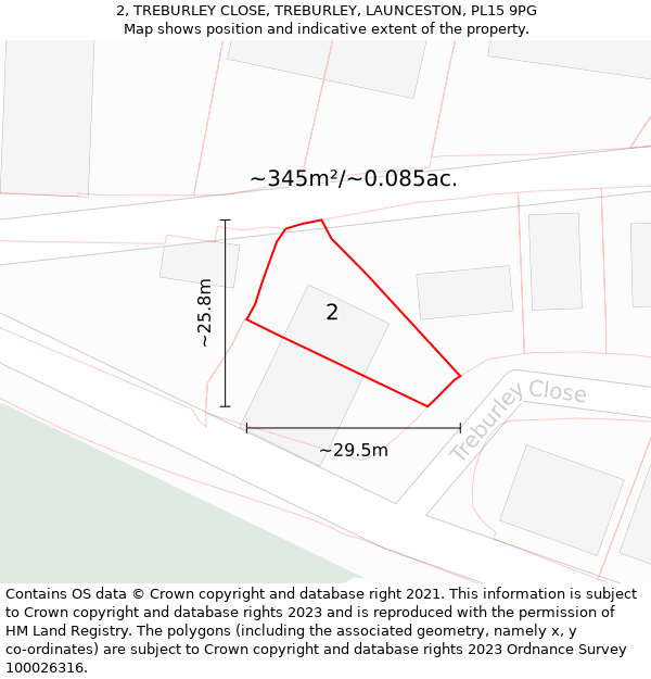 2, TREBURLEY CLOSE, TREBURLEY, LAUNCESTON, PL15 9PG: Plot and title map