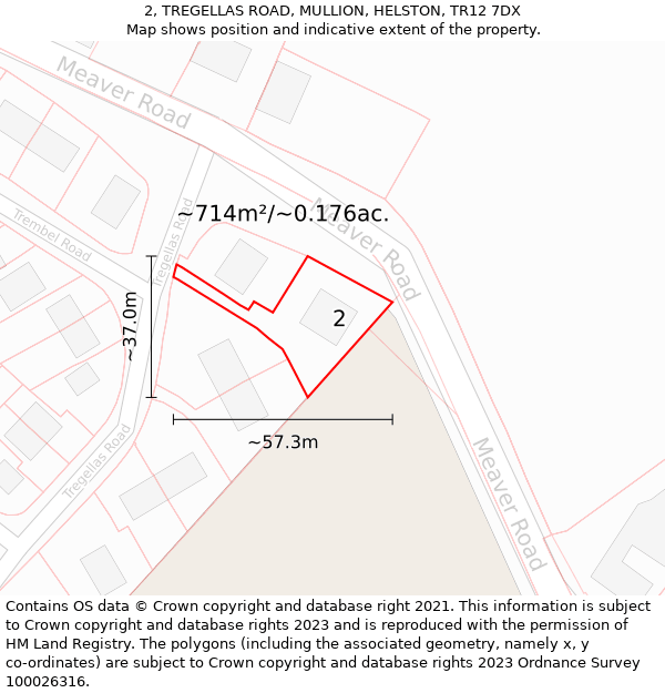 2, TREGELLAS ROAD, MULLION, HELSTON, TR12 7DX: Plot and title map