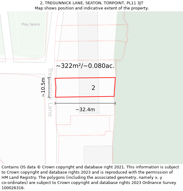 2, TREGUNNICK LANE, SEATON, TORPOINT, PL11 3JT: Plot and title map