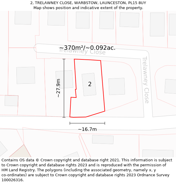 2, TRELAWNEY CLOSE, WARBSTOW, LAUNCESTON, PL15 8UY: Plot and title map