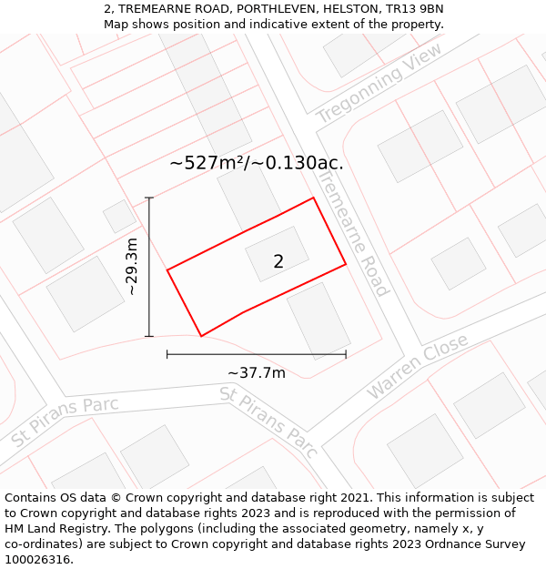 2, TREMEARNE ROAD, PORTHLEVEN, HELSTON, TR13 9BN: Plot and title map