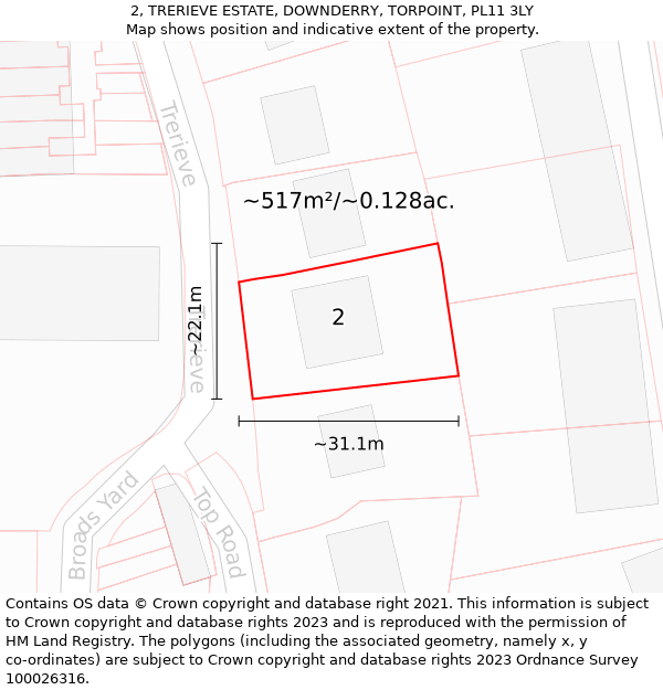 2, TRERIEVE ESTATE, DOWNDERRY, TORPOINT, PL11 3LY: Plot and title map