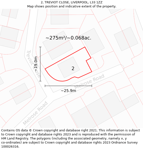 2, TREVIOT CLOSE, LIVERPOOL, L33 1ZZ: Plot and title map