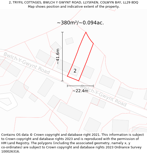 2, TRYFIL COTTAGES, BWLCH Y GWYNT ROAD, LLYSFAEN, COLWYN BAY, LL29 8DQ: Plot and title map