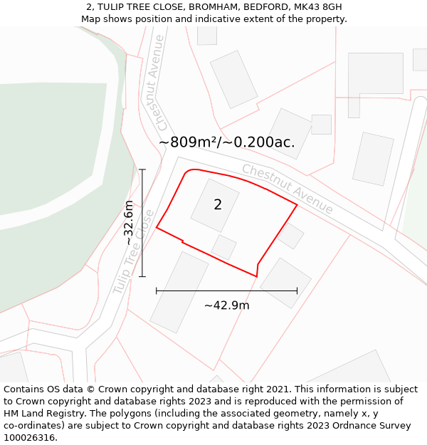 2, TULIP TREE CLOSE, BROMHAM, BEDFORD, MK43 8GH: Plot and title map