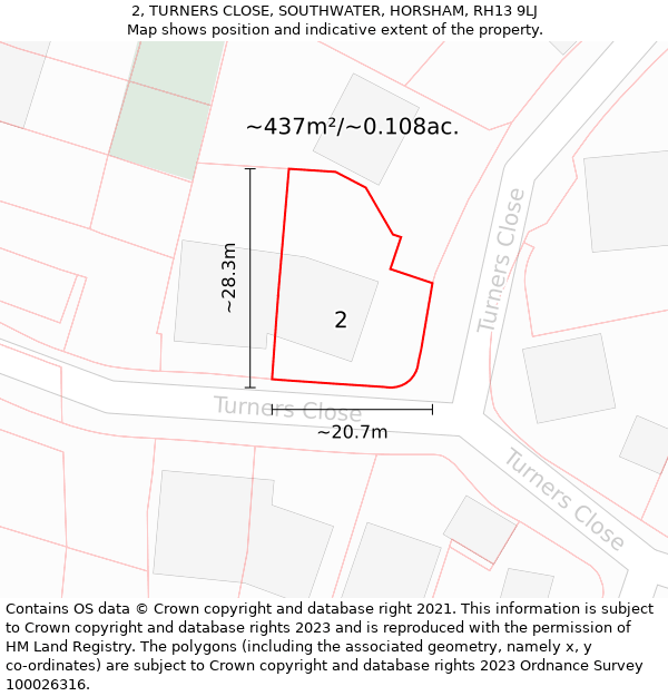 2, TURNERS CLOSE, SOUTHWATER, HORSHAM, RH13 9LJ: Plot and title map