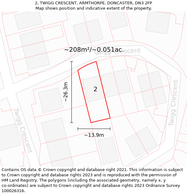 2, TWIGG CRESCENT, ARMTHORPE, DONCASTER, DN3 2FP: Plot and title map