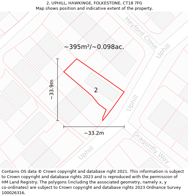 2, UPHILL, HAWKINGE, FOLKESTONE, CT18 7FG: Plot and title map