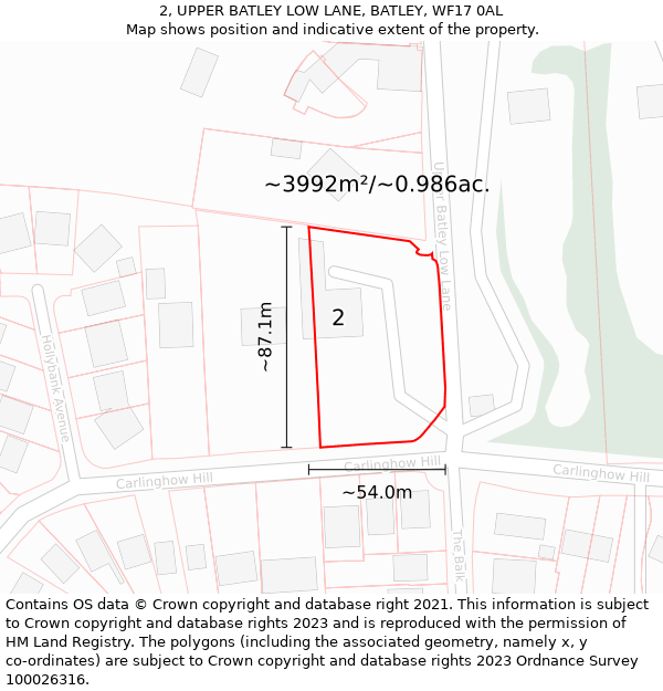 2, UPPER BATLEY LOW LANE, BATLEY, WF17 0AL: Plot and title map