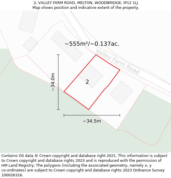 2, VALLEY FARM ROAD, MELTON, WOODBRIDGE, IP12 1LJ: Plot and title map