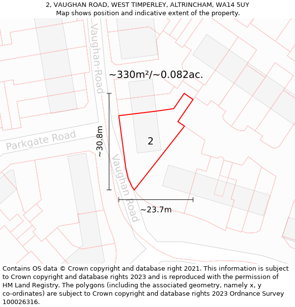 2, VAUGHAN ROAD, WEST TIMPERLEY, ALTRINCHAM, WA14 5UY: Plot and title map