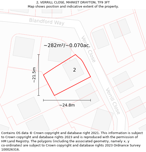 2, VERRILL CLOSE, MARKET DRAYTON, TF9 3FT: Plot and title map