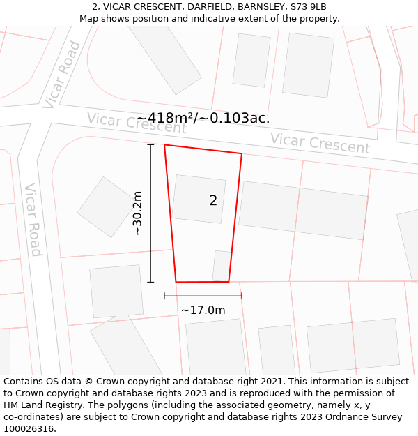 2, VICAR CRESCENT, DARFIELD, BARNSLEY, S73 9LB: Plot and title map