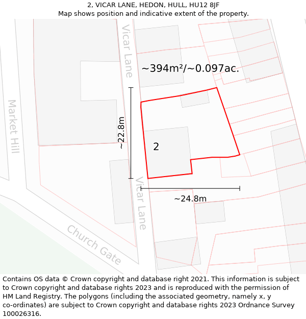 2, VICAR LANE, HEDON, HULL, HU12 8JF: Plot and title map