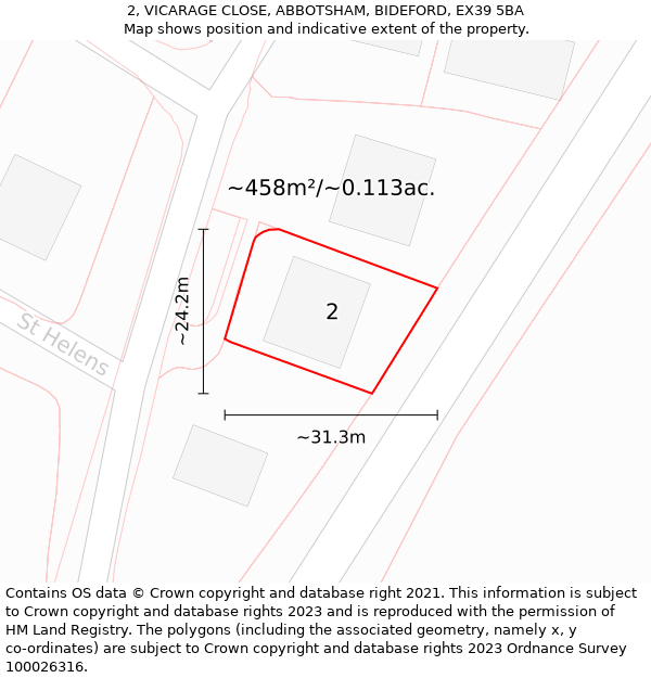 2, VICARAGE CLOSE, ABBOTSHAM, BIDEFORD, EX39 5BA: Plot and title map