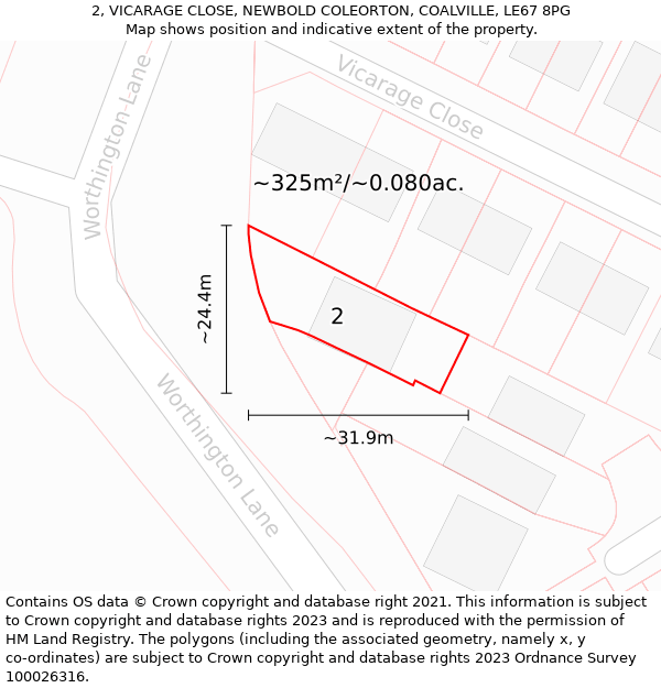 2, VICARAGE CLOSE, NEWBOLD COLEORTON, COALVILLE, LE67 8PG: Plot and title map