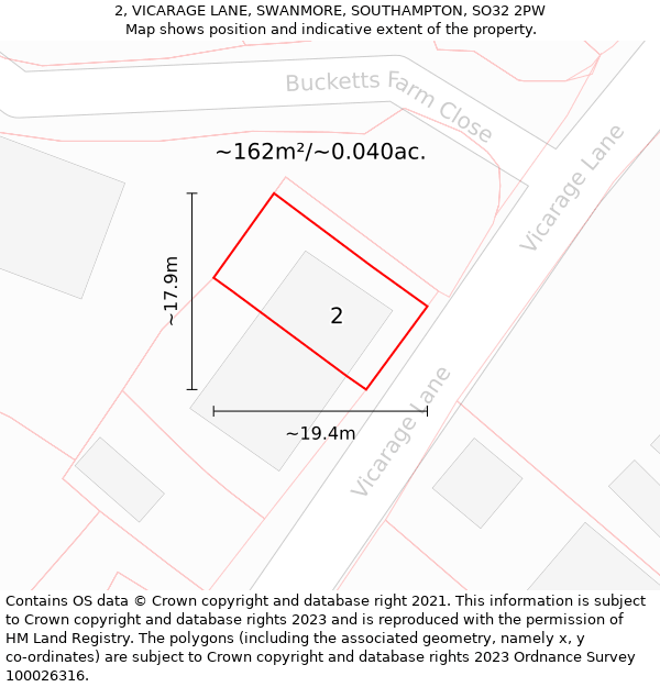 2, VICARAGE LANE, SWANMORE, SOUTHAMPTON, SO32 2PW: Plot and title map