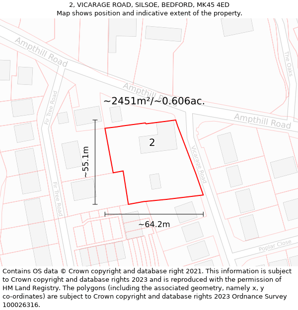 2, VICARAGE ROAD, SILSOE, BEDFORD, MK45 4ED: Plot and title map