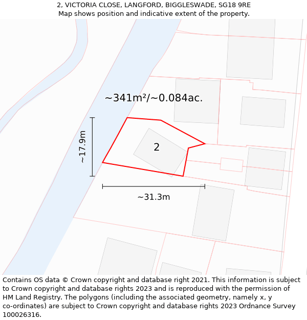 2, VICTORIA CLOSE, LANGFORD, BIGGLESWADE, SG18 9RE: Plot and title map