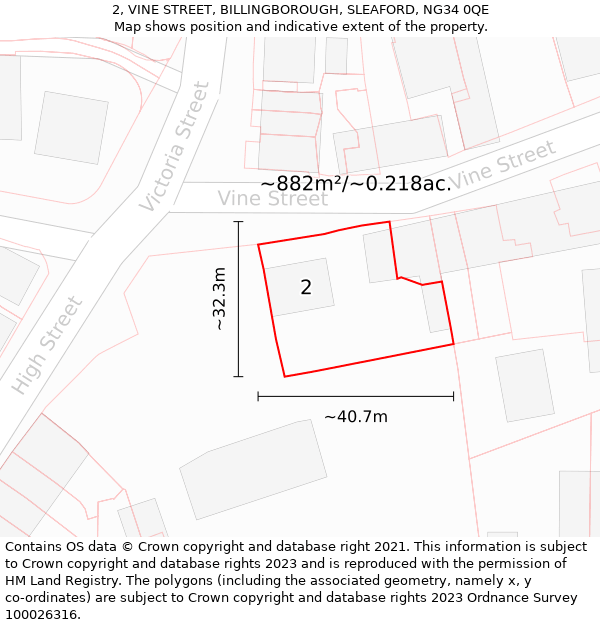 2, VINE STREET, BILLINGBOROUGH, SLEAFORD, NG34 0QE: Plot and title map