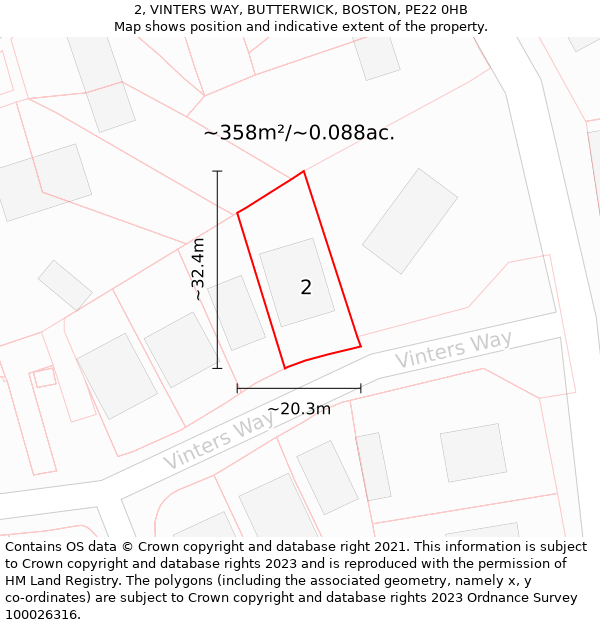 2, VINTERS WAY, BUTTERWICK, BOSTON, PE22 0HB: Plot and title map