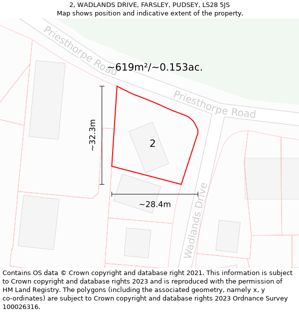 2, WADLANDS DRIVE, FARSLEY, PUDSEY, LS28 5JS: Plot and title map